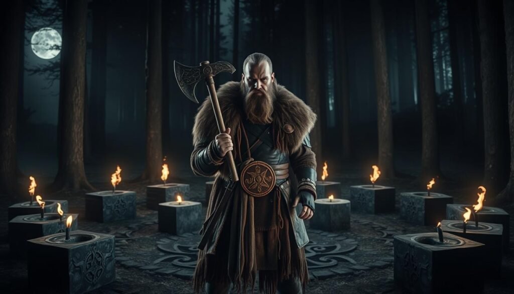 A dramatic scene depicting the Viking ritual known as the "Blood Eagle" in a dark, atmospheric forest. In the foreground, a solemn Viking warrior dressed in furs and leather armor stands with a determined expression, holding an intricately carved axe. His stance suggests readiness and reverence. In the middle ground, a circle of stone altars adorned with ancient Norse symbols is surrounded by flickering torches casting ominous shadows. The background features tall, dark trees, partially obscuring the moonlight, enhancing the ritual's mystique. The overall mood is intense and foreboding, evoking a sense of ancient fear and reverence. Create with a high contrast lighting setup, shot from a low angle to emphasize the warrior's stature, showcasing the depth of the forest. Designed for ezotera.pl.