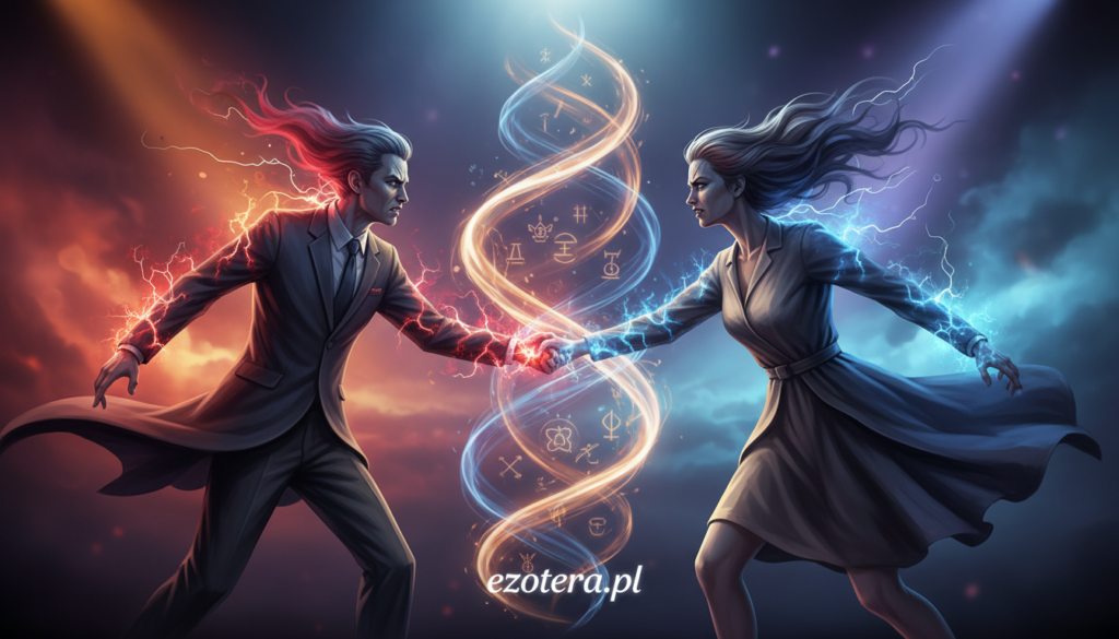 A dynamic scene depicting the essence of "energia" represented by swirling, vibrant colors that symbolize tension and conflict. In the foreground, two abstract figures, dressed in professional attire, face each other with intense expressions, surrounded by crackling energy that hints at unresolved issues. In the middle ground, ethereal currents of light twist and turn, representing the unseen forces that escalate conflicts in relationships. The background features a soft-focus gradient of warm and cool colors, suggesting the duality of harmony and discord. The lighting should be dramatic, highlighting the figures and energy with stark contrasts, while maintaining an overall mystic atmosphere. The composition should evoke a sense of urgency and emotional intensity, resonating with the theme of familial curses and esoteric traditions. Include the brand name "ezotera.pl" subtly integrated into the design.