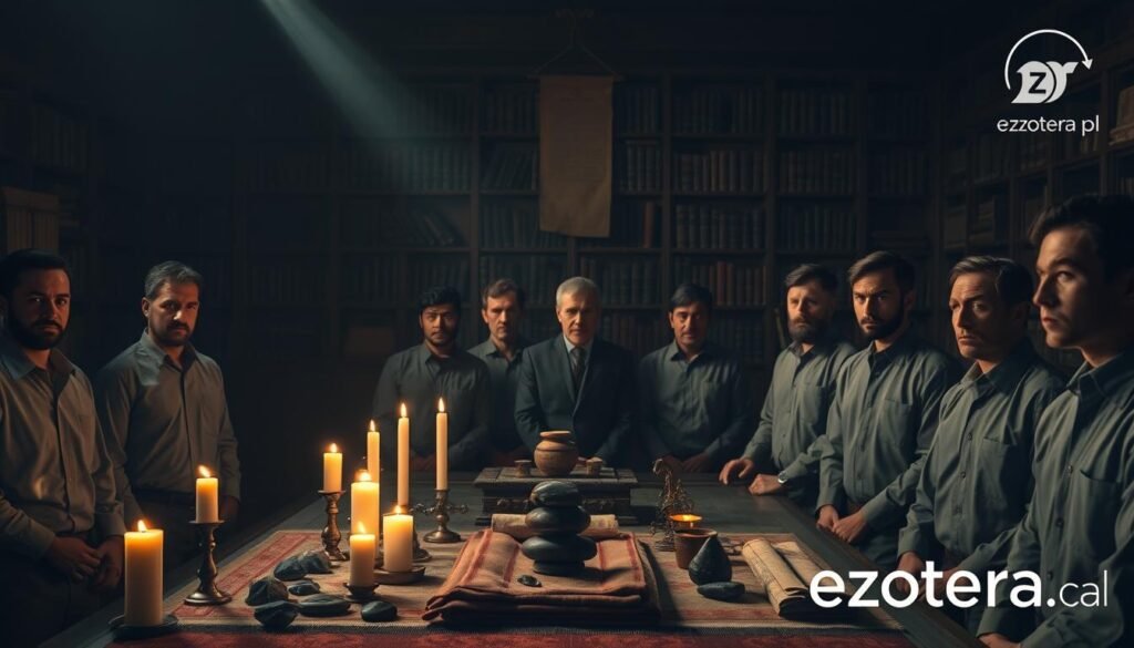 A focused scene depicting a serene, dimly lit room where men are engaged in a ritualistic trial of initiation. In the foreground, a diverse group of men, dressed in plain professional attire, displays expressions of determination and contemplation. The middle ground features symbolic artifacts related to discipline and sacrifice, such as candles, stones, and ceremonial cloth arranged meticulously. The background is filled with shadowy bookcases lined with ancient texts and scrolls, casting an air of mystery. Soft, warm lighting creates a solemn atmosphere, while a subtle beam of light highlights the men's faces, emphasizing the gravity of their commitment. The image embodies themes of control and introspection, reflecting the essence of initiation and discipline. Logo of ezotera.pl subtly integrated in the corner, ensuring a professional appearance.