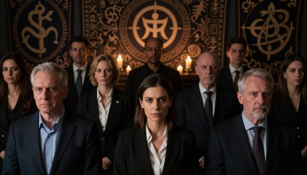 A gathering of devoted followers in a dimly lit, atmospheric setting, surrounded by ancient symbols and artifacts that evoke a sense of mystique. In the foreground, a diverse group of individuals dressed in professional business attire, their expressions portraying serious commitment and resolve. In the middle ground, subtle ritualistic elements such as candles casting flickering shadows, and a softly glowing insignia that symbolizes loyalty and unity among the members. The background features dark, ornate tapestries with cryptic designs, enhancing the secretive atmosphere. The lighting is low, creating an intimate yet tense mood, with a slight focus on the followers' faces revealing their unwavering dedication. This scene reflects the essence of cult loyalty. Brand: ezotera.pl.