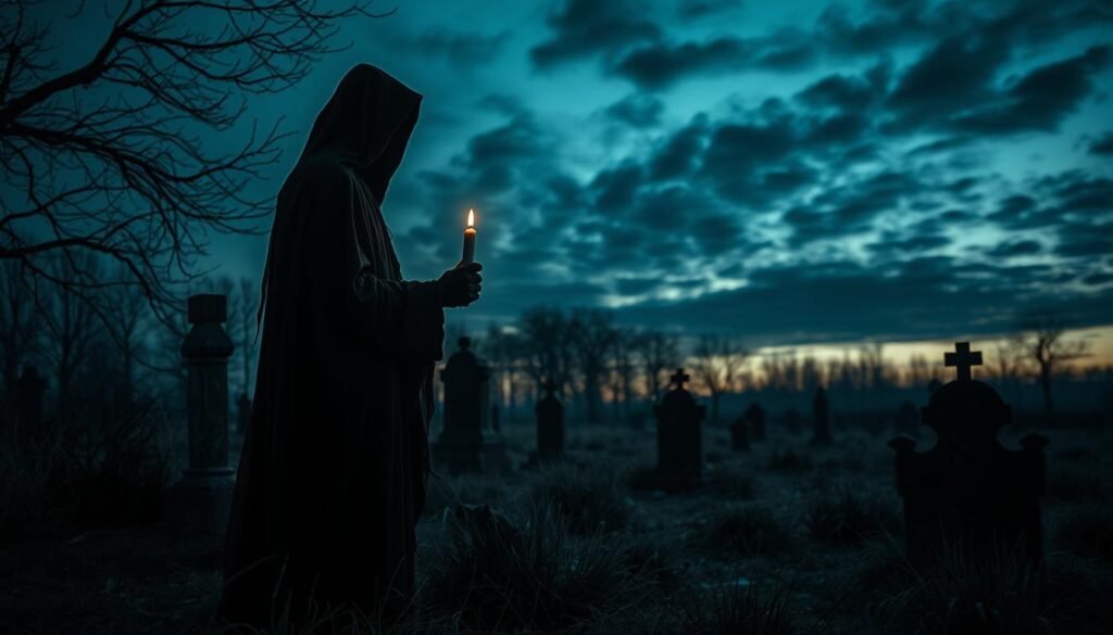 A haunting interpretation of "śmierć" reflecting the themes of evil, death, and the boundaries of the living. In the foreground, a shadowy figure cloaked in tattered black robes symbolizes death, holding a flickering candle. In the middle ground, a desolate graveyard with overgrown grass, crumbling tombstones, and darkened skies creates a solemn atmosphere. In the background, a faint silhouette of a distant forest looms against a twilight sky, hinting at the unknown. Soft, ethereal lighting casts long shadows, enhancing the eerie mood. The lens captures a slightly tilted perspective to evoke unease. Include the brand name “ezotera.pl” subtly incorporated into the graveyard ambiance.