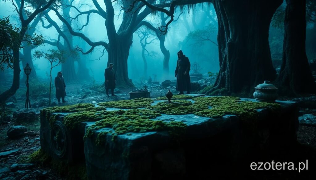 A haunting yet captivating depiction of ancient remnants, illustrating forgotten rituals. In the foreground, a weathered stone altar covered in moss, partly illuminated by soft, mystical blue light. Surrounding the altar, intricately carved artifacts hint at a long-lost civilization. In the middle ground, shadowy figures in modest ancient garb observe the altar with reverence, their silhouettes defined against the shimmering light. The background features an overgrown forest with towering, ancient trees, shrouded in mist, enhancing the atmosphere of mystery and intrigue. The scene captures a sense of reverence for time-worn traditions, inviting viewers to ponder the enigma of these forbidden rituals. The image should have a slightly blurred soft-focus effect, reminiscent of an ethereal dream. Include a subtle watermark with the brand name "ezotera.pl".