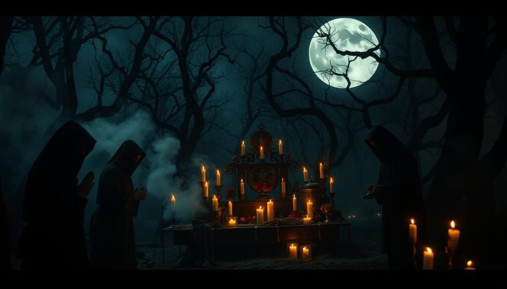 A haunting yet serene scene depicting ancient rituals surrounding death and the deceased. In the foreground, shadowy figures in modest traditional clothing perform a solemn ceremony, their faces masked and expressions somber. In the middle ground, an altar adorned with candles, flowers, and relics symbolizes reverence for the departed. Ethereal smoke swirls around, creating an otherworldly atmosphere. The background features a darkened forest, with twisted trees silhouetted against a pale, eerie moon. Soft, flickering candlelight casts dancing shadows, enhancing the mood of mystery and reverence. The image should evoke a sense of both fear and respect, reflecting the solemnity of ancient beliefs. This image is created for ezotera.pl.