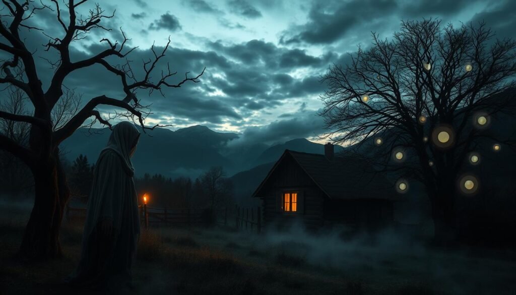 A hauntingly atmospheric scene depicting the essence of "istoty" in a rural European setting. In the foreground, a shadowy figure resembling a spirit, cloaked in tattered, ethereal fabric, hovers near an ancient, gnarled tree. The middle ground features a rustic cottage with flickering candlelight emanating from its windows, hinting at both warmth and danger. Surrounding the house are wispy forms of domestic demons and spirits, subtly intertwined with glowing orbs, representing superstition and belief. In the background, dark, looming mountains under a moody, twilight sky filled with swirling clouds create an ominous atmosphere. Soft, diffused lighting enhances the overall eerie ambiance, with a slight fog rolling across the ground. This image, inspired by the themes of folklore, captures the essence of traditional beliefs in the supernatural. ezoleta.pl