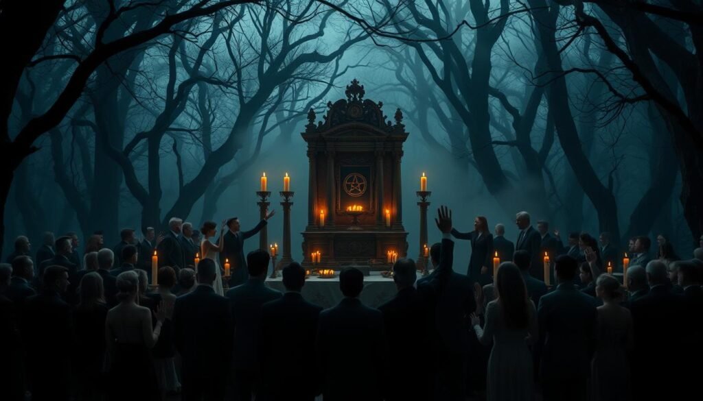 A hauntingly atmospheric scene during a ritual ceremony set in an ancient forest. In the foreground, a diverse group of individuals dressed in professional business attire—men in tailored suits and women in elegant dresses—gather with solemn expressions, their hands raised in unified anticipation. In the middle ground, an ornate altar adorned with flickering candles and enigmatic symbols reflects the eerie glow of twilight. The background features dense, shadowy trees intertwined with fog, creating an air of mystery and enchantment. Soft, diffused lighting casts ethereal shadows, enhancing the emotional intensity. The overall mood evokes a sense of awe, fascination, and a hint of trepidation, capturing the duality of reverence and unease tied to rituals. The name "ezotera.pl" subtly integrated into the scene, blending with the mystical atmosphere.