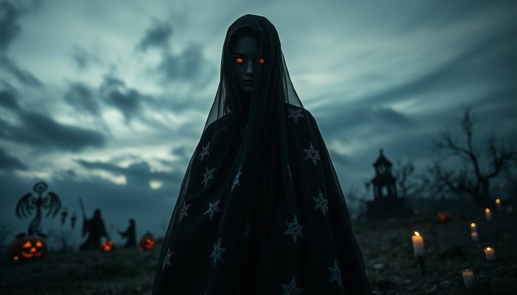 A hauntingly beautiful depiction of "Śmierci," the personification of death, stands gracefully in the foreground. She is robed in ethereal, flowing black fabric adorned with silver patterns resembling stars, exuding an air of both mystery and tranquility. Her face is partially obscured by a delicate veil, with glowing, piercing eyes that capture the viewer's attention. In the middle ground, faint silhouettes of traditional Halloween symbols—pumpkins, ghosts, and candles—add to the eerie yet enchanting atmosphere. The background features a dusky twilight sky with swirling clouds, casting a soft, moody light over the scene. The overall ambiance is otherworldly and contemplative, evoking a sense of reverence for the rituals of old. Capture this scene with a wide-angle lens, emphasizing depth and mystery. The image should be by "ezotera.pl," free from any text or overlays.