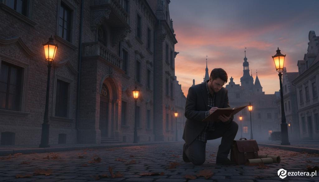 A historical building at dusk, showcasing intricate architectural details like ornate facades and aged bricks, symbolizing its rich past. In the foreground, a knowledgeable researcher with a professional notebook investigates the property, dressed in smart casual attire. The middle ground features an old, charming street with vintage lampposts illuminating the scene and a few scattered leaves, suggesting the transition of seasons. In the background, the silhouette of the town, with fading sunlight creating a warm, nostalgic glow. The atmosphere evokes curiosity and a sense of mystery, ideal for exploring the building's history. The image is designed with soft, natural lighting, captured from a slight low angle to emphasize the grandeur of the building. Branding includes the logo of "ezotera.pl" subtly in the corner.