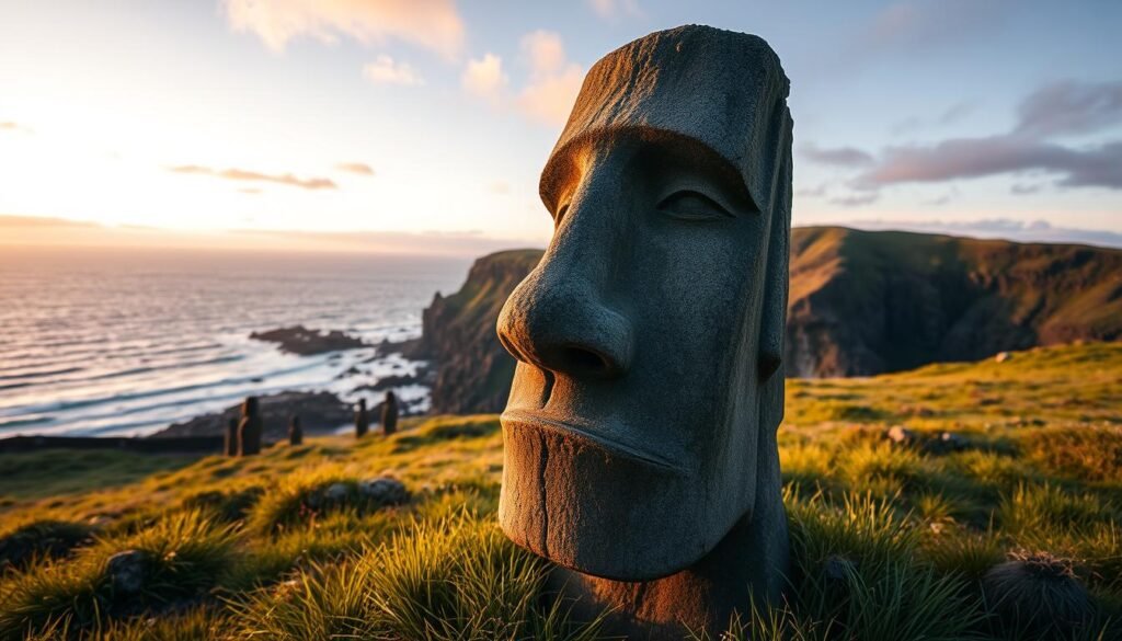 A moai statue from Easter Island stands grandly in the foreground, its weathered stone face capturing the mystique of ancient civilizations. Surrounding it are lush, green grasses and faint outlines of other statues, hinting at a once-thriving cultural landscape. In the middle ground, the rugged cliffs and azure ocean create a dramatic backdrop, with soft waves lapping against the rocky shore. The sky is a vibrant sunset, casting warm hues of orange and purple, enhancing the atmosphere of mystery and nostalgia. The image is captured with a wide-angle lens, emphasizing the monument's grandeur, and bathed in soft, diffused lighting that highlights the textures of the stone. The mood should evoke a sense of awe and intrigue, encapsulating the enduring allure of forgotten rituals. No text, watermarks, or signatures. Created for ezotera.pl.