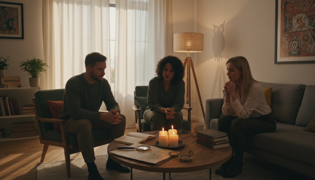 A modern, cozy living room scene with soft, ambient lighting. In the foreground, a diverse group of three individuals—one male and two females—are engaged in thoughtful discussions, wearing casual yet modest clothing. On a coffee table, various commonplace items like candles, a notebook, and a magnifying glass hint at a casual investigation. The middle of the room features a subtle arrangement of home decor that suggests an inviting yet slightly mysterious atmosphere, like a flickering shadow cast by a nearby lamp. The background reveals a window draped with light curtains, allowing soft light to filter in, enhancing the feeling of tranquility even amidst the unusual happenings. The overall mood conveys calm curiosity and the importance of understanding, with branding subtly incorporated as an integral part of the decor. Featuring "ezotera.pl".