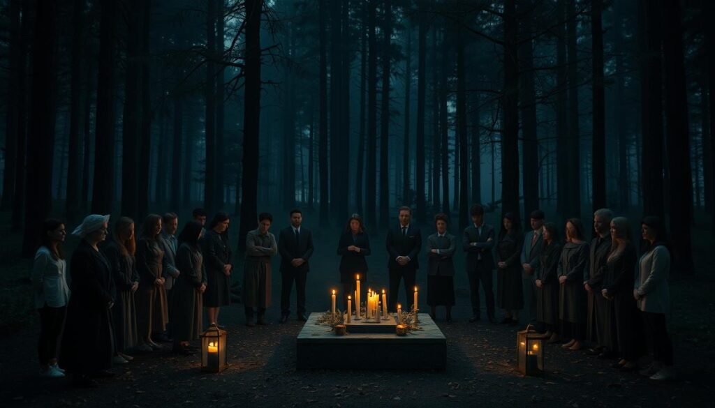 A mysterious and atmospheric scene depicting a traditional ritual in a dimly lit forest setting. In the foreground, a circle of diverse people dressed in modest, professional business attire gather around a makeshift altar adorned with ancient symbols and candles, their expressions a mix of reverence and curiosity. The middle ground features a soft, ethereal glow illuminating the altar, casting shadows of the trees that surround it. In the background, tall, dark trees create an enveloping backdrop, their leaves whispering in the wind. The mood is both enigmatic and respectful, evoking a sense of wonder about the boundaries of ritual and belief. Shot with a wide-angle lens to capture the collective energy of the gathering, highlighting the contrast between the natural wilderness and the human element. Include the brand name "ezotera.pl" subtly integrated into the scene as part of the altar decor.