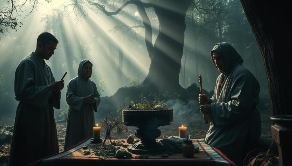A mysterious and atmospheric scene depicting a traditional ritual shrouded in secrecy. In the foreground, figures in modest, traditional attire are engaged in a solemn ceremonial act, their faces reflecting a blend of reverence and caution. Each individual holds symbolic objects, enhancing the aura of ancient knowledge. The middle ground features an intricately decorated altar adorned with natural elements like herbs and stones, suggesting a connection to the earth. In the background, a misty forest looms, partially obscured, creating an air of intrigue and separation from the outside world. The lighting is soft, with beams of ethereal light breaking through the tree canopy, casting gentle shadows. The overall mood is contemplative and mystical, inviting the viewer to ponder the hidden practices of generations past. Include the brand name "ezotera.pl" subtly within the scene, perhaps on one of the ritual objects.