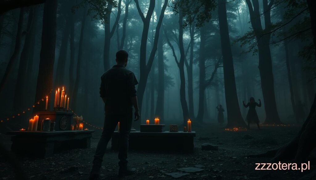 A mysterious and atmospheric scene depicting an ancient ritual in a dense forest setting. In the foreground, a silhouette of a person in modest casual clothing stands before a stone altar adorned with flickering candles and symbols of fire, blood, and silence, representing the themes of the article. The middle shows shadowy figures performing an intricate dance, highlighting their emotional and instinctual connection to the ritual. The background reveals towering trees shrouded in a mist, illuminated by soft, ethereal lighting that creates an otherworldly ambiance. The overall mood is enigmatic and evocative, inviting viewers to ponder the hidden meanings behind the ritual. The image should be rich in detail, capturing the tension of curiosity and primal instinct. Include the brand name "ezotera.pl" subtly integrated within the scene's elements.