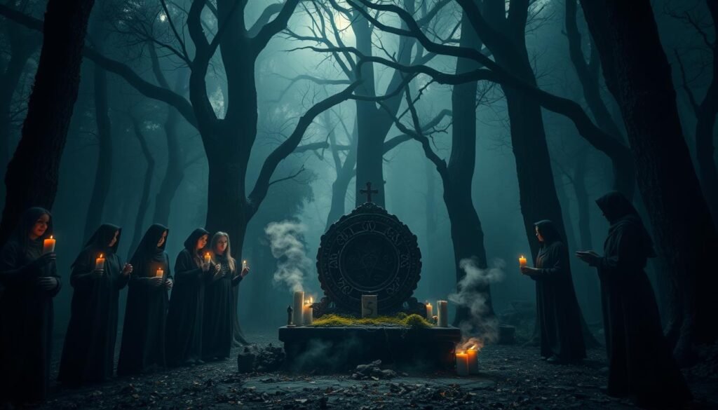 A mysterious and atmospheric scene depicting ancient rituals in a dense, fog-covered forest. In the foreground, a group of modestly dressed individuals holds flickering candles, their faces partially obscured by shadows, creating an aura of secrecy and reverence. In the middle ground, a stone altar adorned with earthy elements like moss and sacred symbols invites curiosity, while subtle smoke wafts around it. In the background, towering trees loom, their branches intertwining to form an eerie canopy, allowing slivers of moonlight to penetrate. The lighting is dim and ethereal, emphasizing the mystical nature of the gathering. Capture this captivating moment with a slightly tilted angle to enhance the sense of unease and intrigue, evoking an atmosphere that is both enchanting and unsettling. Include the brand name "ezotera.pl" subtly within the scene.