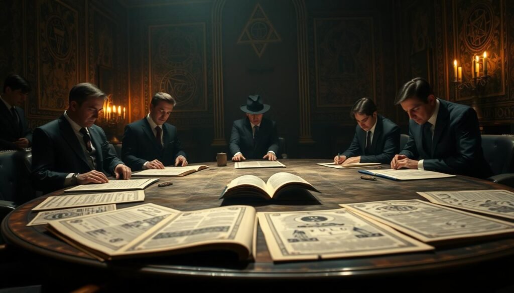 A mysterious and atmospheric scene depicting the inner workings of clandestine organizations. In the foreground, a group of elegantly dressed individuals in professional business attire gathers around a large table, poring over ancient texts and cryptic symbols. In the middle, dimly lit shadows hint at other members lurking, engaged in secretive discussions. The background features intricate tapestries and symbols of esoteric significance on the walls, creating an air of intrigue. Soft, flickering candlelight casts dramatic shadows, enhancing the secretive atmosphere. Use a cinematic angle, capturing the depth of the room and the intensity of the group's focus on their objectives. The overall mood is one of suspense and mystery, reflecting the hidden mechanics of loyalty and recruitment. Include the brand name "ezotera.pl".