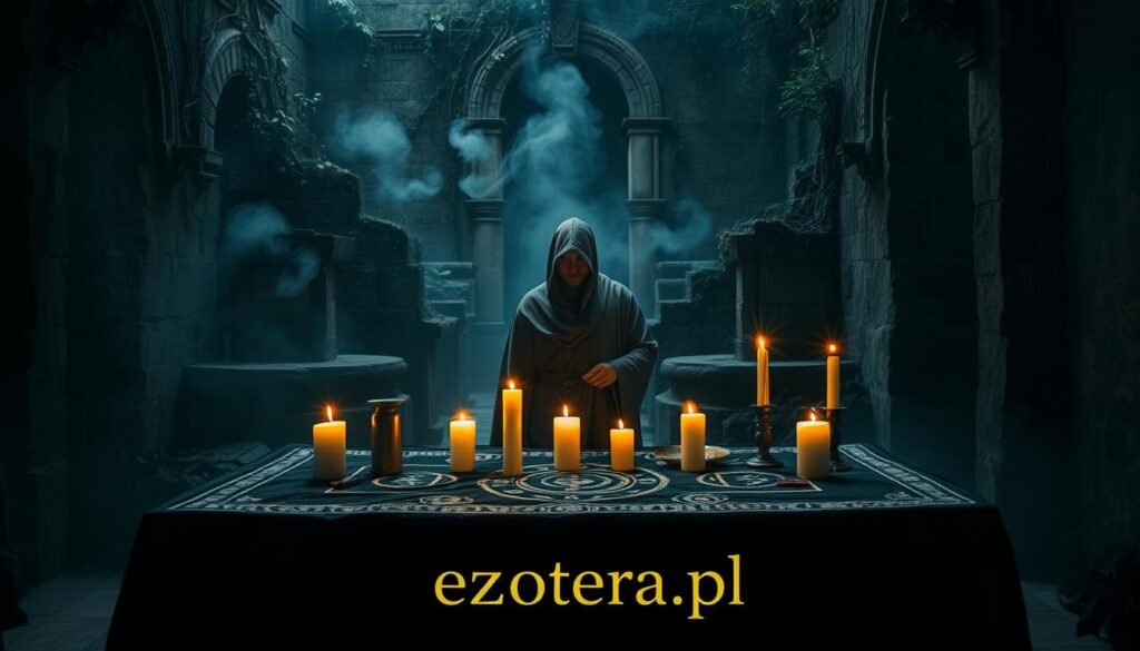 A mysterious and atmospheric scene illustrating "forbidden religions" and "secretive rituals". In the foreground, an ancient altar draped in dark velvet cloth, adorned with intricate symbols and flickering candles casting a warm, flickering glow. In the middle ground, a cloaked figure in modest clothing performs a ritual, their face partially hidden, creating an air of intrigue. Behind them, ancient stone ruins, overgrown with vines, and ethereal mist swirling around, evoking a sense of enchantment and secrecy. The lighting is low yet dramatic, emphasizing shadows and creating a haunting yet reverent mood. The image conveys a blend of spirituality and controversy surrounding these esoteric practices. The brand name "ezotera.pl" subtly embedded in the scene.