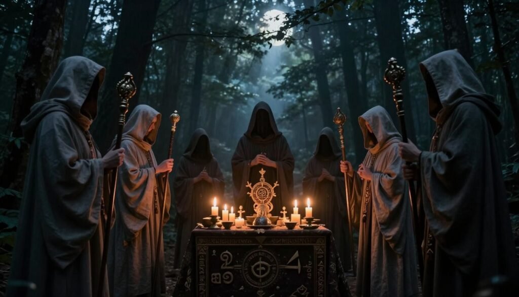 A mysterious and sacred scene depicting rituals of passage in secretive cults. In the foreground, a group of solemn figures dressed in flowing, hooded garments, engaged in a mystical ceremony, their faces partially obscured; they hold ornate staffs and ceremonial objects. The middle ground features an intricately constructed altar adorned with candles, ancient symbols, and offerings, casting an ethereal glow. In the background, dark, dense woods create an atmosphere of secrecy, while faint beams of moonlight filter through the trees, illuminating the scene. The lighting is dramatic, enhancing the sense of reverence and mystique. The composition is shot from a low angle, emphasizing the height of the figures and the grandeur of the altar. The overall mood is enigmatic and spiritual, inviting curiosity into the nature of these esoteric practices. ezotera.pl