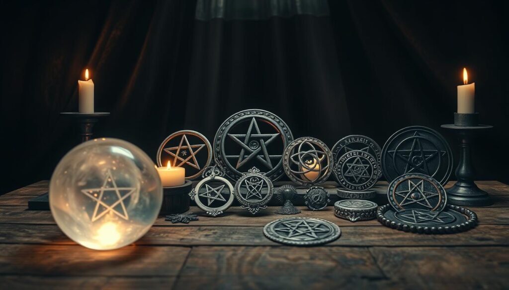 A mysterious collection of occult symbols, including sigils, pentagrams, and enigmatic amulets, arranged artistically on an ancient, weathered wooden table. In the foreground, a glowing crystal ball emits a soft, ethereal light enhancing the mystical feel. In the middle ground, various talismans crafted from silver and gemstones reflect the light, their intricate designs visible. The background features dark, flowing curtains that add depth and intrigue, illuminated by flickering candlelight casting shadows. The atmosphere is somber yet enchanting, evoking a sense of ancient wisdom and secret knowledge. The scene is shot from a slightly elevated angle, highlighting the details of the symbols. The mood is both mystical and contemplative, perfect for exploring the significance of these ancient artifacts. --v5 --ar 16:9 --s 500 --style 4b --brand ezotera.pl