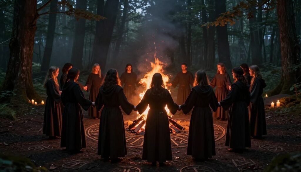 A mysterious, dimly lit forest clearing serves as the setting, where a small group of solemn participants is engaged in a ritual around a flickering bonfire. In the foreground, individuals dressed in modest, dark robes stand in a circle, their faces illuminated by the warm glow of the fire. They hold hands, forming a tight bond that symbolizes loyalty to their beliefs. In the middle ground, ancient symbols are etched into the ground and adorned with candles, enhancing the atmosphere of reverence. The background features towering trees, shrouded in mist, which adds to the eerie vibe of this secretive gathering. The lighting casts long shadows, heightening the sense of mystery and spirituality. The overall mood is both solemn and enchanting, capturing the essence of initiation rituals that draw followers deeper into the cult. This image is branded with "ezotera.pl".