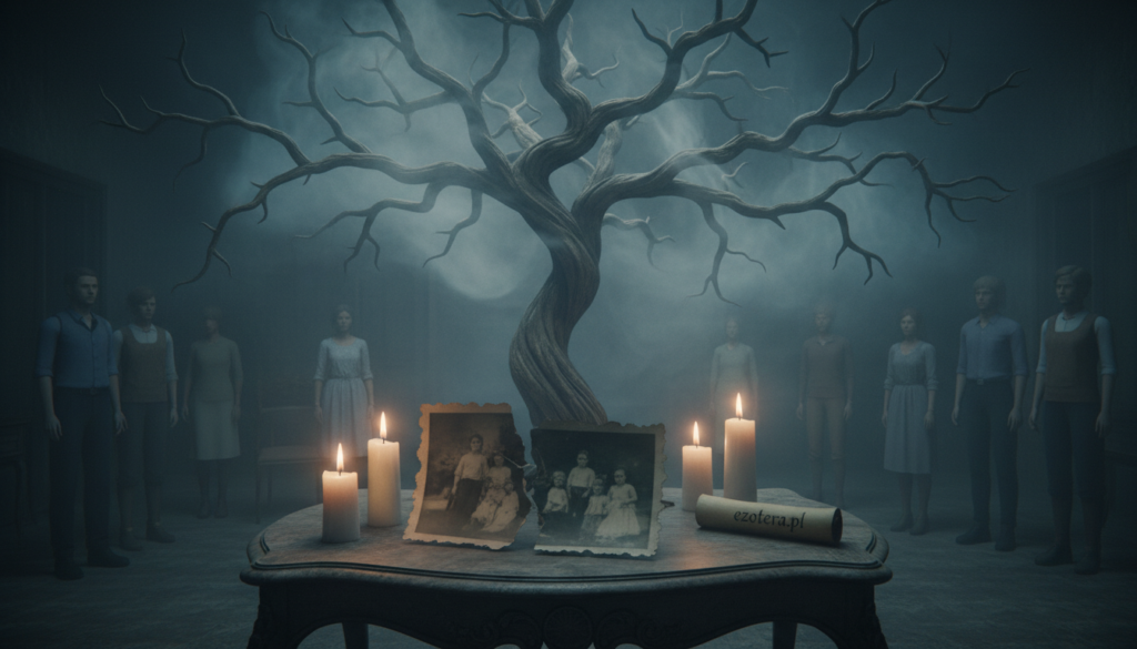 A mysterious family tree shrouded in shadows, illustrating the concept of a “family curse,” symbolizes generational struggles and hidden traumas. In the foreground, a broken family photograph with faded edges lies on an antique wooden table, surrounded by flickering candles, suggesting past memories and unease. The middle layer features an ethereal fog encircling the tree, with whispering branches that seem to reach out, evoking feelings of connection and despair. In the background, a dimly lit room with indistinct, ghostly figures dressed in modest casual clothing represents the weight of family lineage and unresolved issues. The lighting is moody and dramatic, with soft contrasts highlighting the textures. The overall atmosphere is poignant and introspective, focusing on themes of legacy and the unseen emotional burdens families carry, emphasizing the subject of "ezotera.pl."