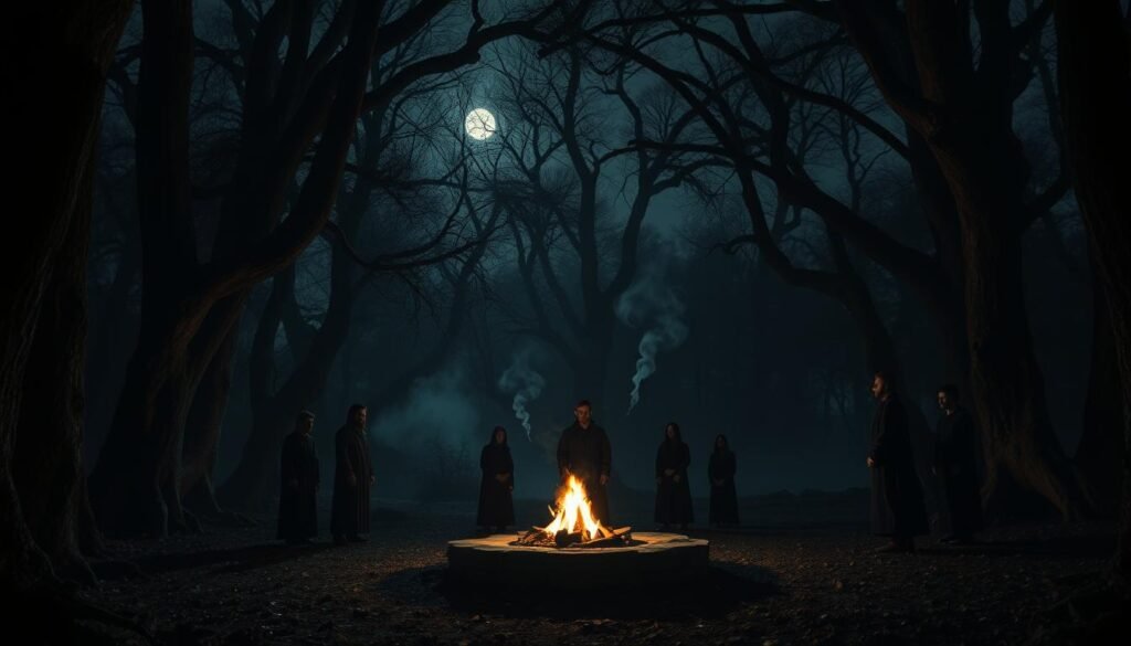 A mysterious forest clearing at night, illuminated by flickering firelight from a small bonfire in the center, casting dynamic shadows on ancient trees. In the foreground, a rustic altar made of stone, adorned with symbols representing blood, silence, and fire. Figures in modest clothing stand around the altar, their faces solemn and focused on the ritual, capturing an essence of reverence and contemplation. The middle ground features ethereal wisps of smoke rising into the air, blending with a starry sky visible through the tree canopy. The atmosphere is charged with an air of secrecy and transformation, evoking the themes of forbidden rituals. Soft, diffused moonlight enhances the mystical ambiance, while a slight haze adds depth to the scene. This artwork should reflect the spiritual and symbolic nature of the topic explored. ezotera.pl