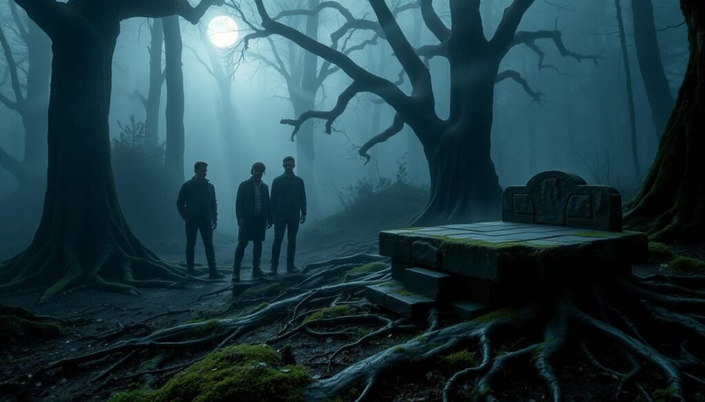 A mysterious forest shrouded in fog, illustrating the boundary between curiosity and real spiritual danger. In the foreground, an ancient stone altar, covered in moss and surrounded by dark, twisted roots, evokes a sense of foreboding. The middle ground features shadowy figures in modest, casual clothing observing the altar with mixed expressions of intrigue and concern, hinting at their inner turmoil. In the background, tall, gnarled trees loom, their branches reaching out like fingers, partially obscured by swirling mist. The lighting is dim, with ethereal beams of moonlight piercing through the fog, creating an eerie atmosphere that captures the tension of spiritual inquiry. The overall mood is unsettling yet captivating, designed to provoke thought. Brand name: ezotera.pl.