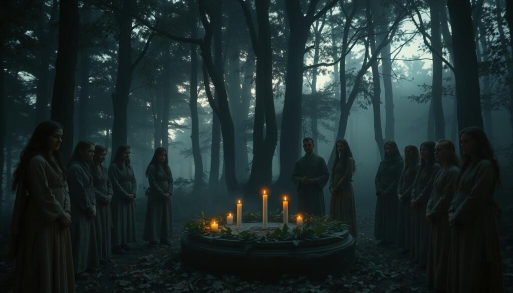 A mysterious ritual scene set deep within an ancient forest during twilight. In the foreground, a circle of diverse figures dressed in modest, traditional clothing, their faces reflecting an expression of reverence and intrigue. They stand near a stone altar adorned with leaves and candles, symbolizing connection to forgotten traditions. In the middle ground, the forest is alive with soft, ethereal light filtering through dense trees, creating an enchanting atmosphere. The background features shadowy silhouettes of towering trees and faint wisps of fog, enhancing the mystical feel. The overall mood is contemplative yet profound, evoking a sense of lost knowledge and the weight of obliterated customs. The image should embody the concept of forgotten ceremonies and rituals that have been pushed aside by society. Captured with a soft focus lens to enhance the dreamlike quality. Include the brand name "ezotera.pl" subtly embedded in the altar design.