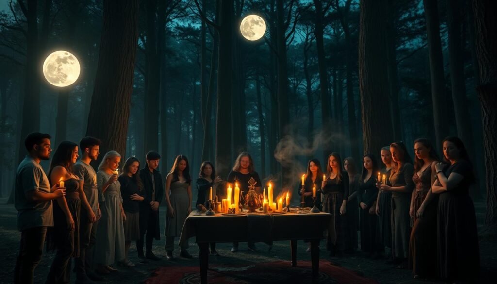 A mysterious ritual scene set in a dimly lit forest clearing under a full moon, surrounded by towering ancient trees. In the foreground, a group of individuals dressed in modest casual clothing forms a circle, their expressions focused and intent. They are illuminated by soft, flickering candlelight, which casts dancing shadows on their faces, highlighting their emotions. In the middle ground, a table adorned with occult symbols and mystical artifacts serves as the focal point, while ethereal wisps of smoke swirl around it, adding an air of intrigue. In the background, subtle hints of mist and shadow hint at unseen forces at play, enhancing the atmosphere of secrecy and wonder. The image has a cinematic quality with a slight vignette effect, directing the viewer's gaze to the center, evoking curiosity and fascination. Designed for ezotera.pl.
