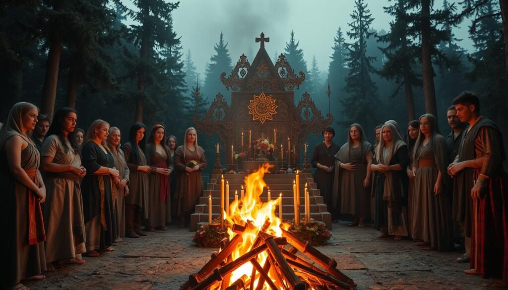 A mysterious scene depicting a gathering of diverse individuals participating in an ancient ritual. In the foreground, a group of people in modest, traditional clothing stands around a flickering bonfire, their faces illuminated by warm, soft light. The middle ground features a large, intricately designed altar adorned with symbolic artifacts—candles, crystals, and flowers. The background showcases a dense, shadowy forest, adding an air of mystique to the setting. The atmosphere is charged with reverence and curiosity, evoking a sense of history and secrets. The composition is shot from a slightly elevated angle, providing a wide view of the ritualistic scene, while ensuring a focus on the interactions among participants. Incorporate elements that reflect the theme of forbidden rites and cults. Brand: ezotera.pl.