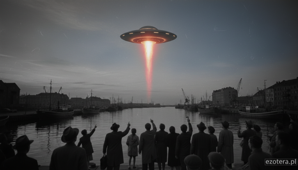 A mysterious scene over the harbor of Gdynia on January 21, 1959, depicting an unidentified flying object (UFO) hovering above the water. The foreground features a calm port with gentle waves lapping against moored boats, their reflections shimmering in the water. In the middle ground, a bright, fiery streak of light trails from the UFO, illuminating the night sky with hues of orange and red. The background reveals the Gdynia skyline, with silhouettes of warehouses and cranes against a twilight sky. The atmosphere is charged with intrigue and a touch of suspense, as onlookers, dressed in 1950s attire, gaze up in astonishment. Soft, dramatic lighting enhances the scene, with a low-angle perspective that emphasizes the UFO. Create this image for ezotera.pl to complement a historical analysis of UFO sightings.