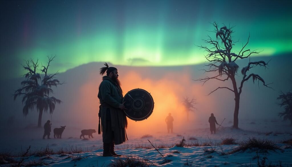 A mystical Siberian landscape unfolds, bathed in the soft, ethereal glow of twilight. In the foreground, a shaman in modest, traditional attire stands, holding a beautifully crafted drum, its surface adorned with ancient symbols. His face is intensely focused, invoking spirits from the surrounding wilderness. Surrounding him are shadowy figures representing various spirits, their forms semi-transparent and ethereal, merging into the mist. In the middle ground, snow-covered trees loom, their branches heavy with frost, with the haunting silhouettes of polar wildlife barely visible. The vast Arctic tundra stretches into the background, kissed by an aurora borealis illuminating the night sky in vibrant greens and purples. The atmosphere is one of deep reverence and mystery, capturing the essence of ancient rituals and the connection to the spiritual world. This image reflects the theme of "syberia i arktyka" for ezotera.pl.