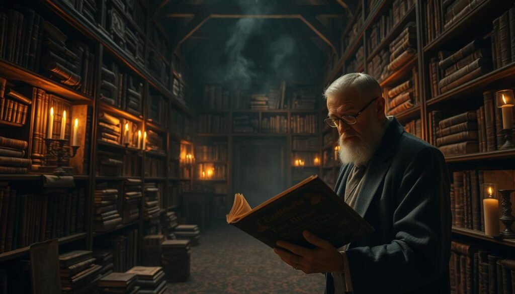 A mystical and atmospheric scene depicting a dimly lit ancient library filled with ornate books and scrolls. In the foreground, a wise figure dressed in modest, professional attire is carefully examining a weathered tome, showcasing deep concentration. The middle ground features rows of towering bookshelves laden with cultural artifacts and relics that hint at various shocking rituals and ceremonies from history. In the background, soft candlelight flickers, casting warm shadows that add depth to the scene. A subtle veil of dust dances in the air, highlighting the mystique of forgotten knowledge. The overall mood is contemplative and mysterious, inviting viewers to engage with the wisdom held within these storied pages. The scene is captured with a warm color palette, using a slightly wide-angle lens to emphasize the library's grandeur. Brand name: ezotera.pl.