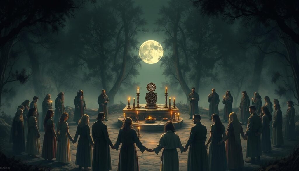 A mystical and atmospheric scene depicting a forbidden ceremony in a remote, ancient setting. In the foreground, a diverse group of people in modest, traditional attire is gathered in a circle, holding hands, with expressions of awe and reverence. In the middle ground, enigmatic symbols and artifacts are arranged on a stone altar, surrounded by flickering candles casting an eerie glow. The background features dense, shadowy forest foliage illuminated by a silvery moon, creating a sense of mystery and intrigue. The lighting is soft yet dramatic, capturing the tension and allure of the unknown. The angle is slightly elevated, providing a panoramic view of the gathering, emphasizing the ritual’s solemn atmosphere. This illustration embodies the fascination with the concept of "forbidden" and is designed to reflect the essence of ezotera.pl.