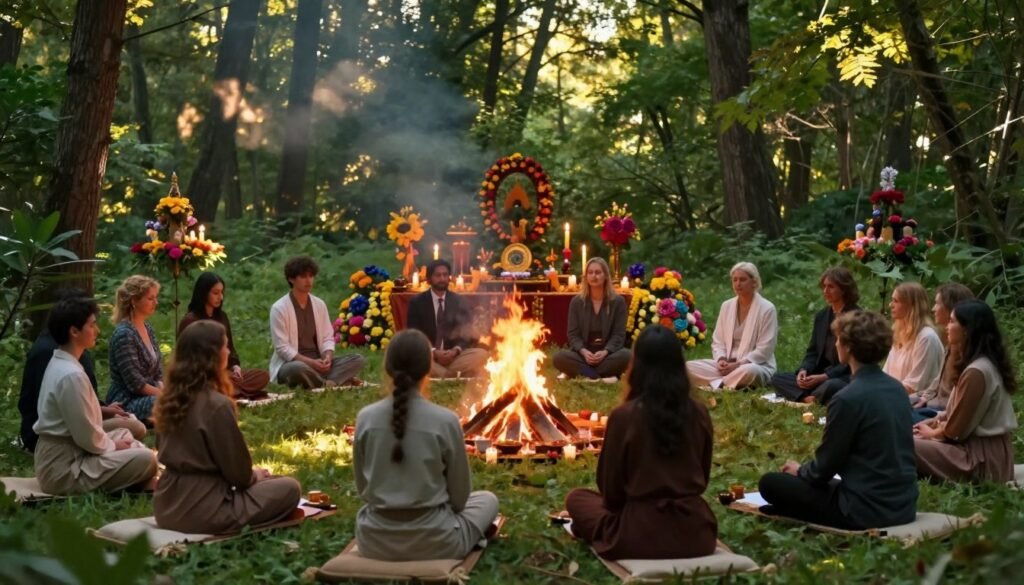 A mystical and serene scene depicting a traditional ritual, set in a lush green forest clearing. In the foreground, a diverse group of individuals, dressed in modest, professional attire, are gathered around a small fire, performing a ceremony with intention and focus. The middle ground features vibrant altar decorations made of colorful flowers, candles, and symbolic objects representing luck and power. In the background, tall trees softly filter warm, golden sunlight, creating a magical atmosphere. Shadows dance around the participants, hinting at the energy of their beliefs. The image captures the essence of community and spirituality, evoking a sense of impact and connection with the unseen. The style should be detailed, rich in color, and convey depth. Brand: ezotera.pl.