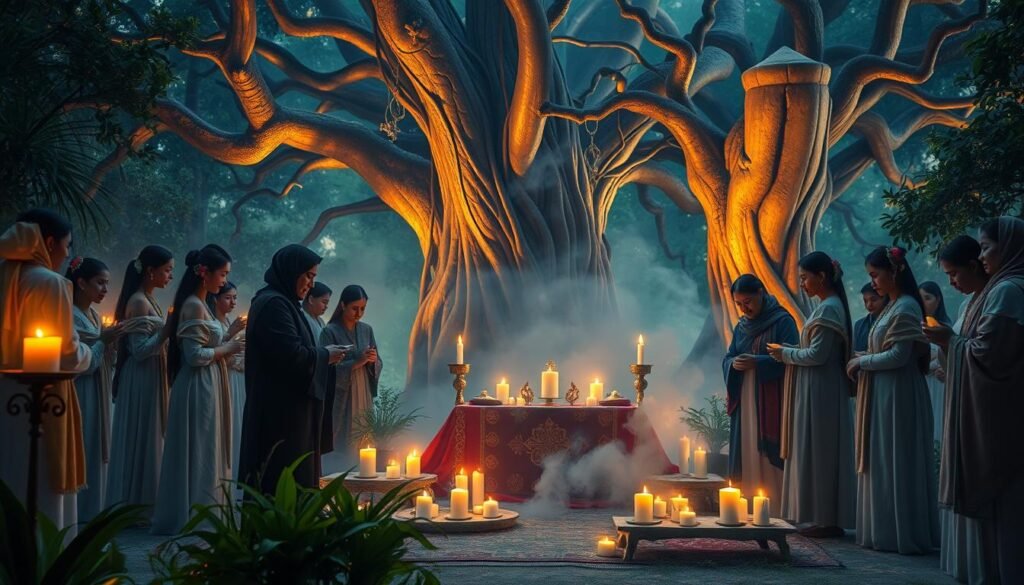 A mystical and serene scene illustrating "kultury," centered around an ethereal ceremonial gathering. In the foreground, diverse individuals dressed in elegant, modest traditional attire participate in a vibrant ritual, exchanging symbolic artifacts. The middle ground features a beautifully adorned altar with intricate designs, surrounded by flickering candles casting a warm glow. Lush greenery is visible, and colorful textiles drape gracefully throughout the setting. In the background, softly illuminated ancient trees tower, their branches intertwined, further enhancing the magical ambiance. The lighting is soft and warm, creating a tranquil atmosphere, while a slight mist adds a layer of mystique. This harmonious scene should evoke a deep sense of respect and curiosity toward foreign traditions and ceremonies, reflecting the theme of "ezotera.pl."
