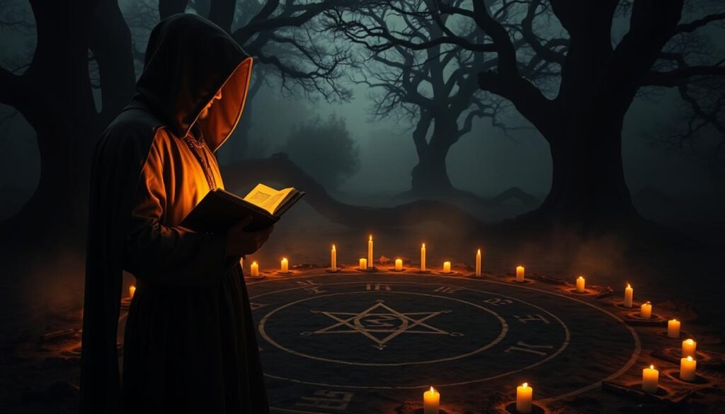 A mystical, ethereal scene capturing the essence of "religia" with an emphasis on the allure of forbidden rituals. In the foreground, a cloaked figure stands poised, holding an ancient tome illuminated by soft, golden light, their face partially concealed, evoking intrigue. In the middle ground, a circle of flickering candles casts a warm glow, surrounded by intricate symbols drawn in the earth, hinting at a clandestine gathering. The background features shadowy silhouettes of ancient trees, shrouded in a soft mist, creating a sense of depth and mystery. The atmosphere is both serene and mystical, suggesting a world of hidden knowledge and spiritual exploration. The image should reflect a harmonious balance between illumination and shadow, evoking curiosity and caution about the secrets of the past. Ideal for illustrating the topic of "ezotera.pl".