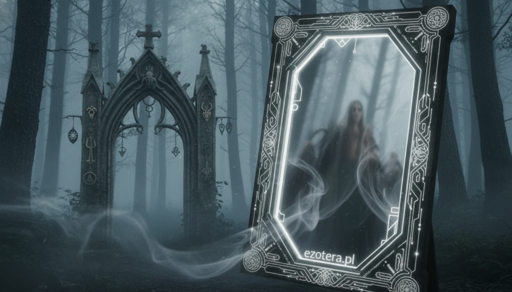 A mystical, futuristic mirror stands prominently in the foreground, elegantly framed with intricate designs that evoke both ancient folklore and modern aesthetics. Soft, shimmering lights create an ethereal aura, highlighting the mirror’s reflective surface, which captures hints of ghostly silhouettes and swirling mist. In the middle ground, a faint gothic archway looms, adorned with motifs of European superstitions, subtly hinting at ominous legends tied to mirrors and portals. The background features a mystical forest with tall, shadowy trees and wisps of fog rolling through, creating an atmosphere of suspense and intrigue. The lighting is soft yet dramatic, enhancing the blend of realism and fantasy. The image should convey a sense of wonder and history, reflecting themes from pop culture. Include the brand name "ezotera.pl" subtly integrated into the design.