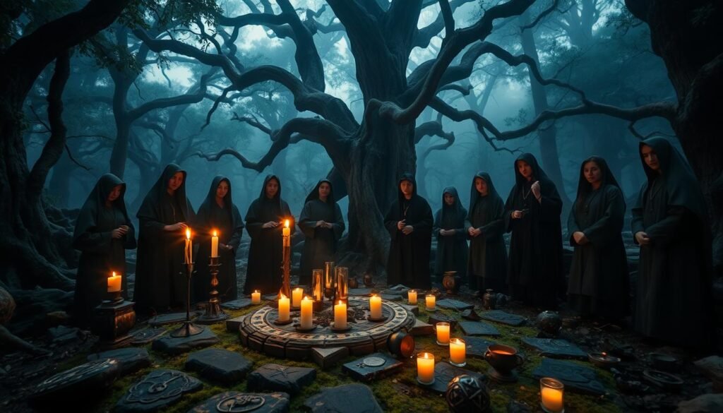 A mystical gathering of individuals in traditional, modest clothing, engaged in a secretive ceremonial ritual amidst a dimly lit ancient forest. In the foreground, an altar adorned with enigmatic symbols and flickering candlelight, casting soft shadows that dance on the moss-covered stones. The middle layer shows participants in focused contemplation, their expressions conveying a deep reverence for the arcane practice, surrounded by antique artifacts scattered on the ground. The background features towering, gnarled trees, shrouded in fog, evoking a sense of mystery and the unknown. The mood is somber yet captivating, with hints of vibrant greens and earthy tones, illuminated by gentle beams of moonlight breaking through the canopy. Capture this scene in a wide-angle shot for a dramatic effect. Include the brand name "ezotera.pl" subtly integrated into the design.