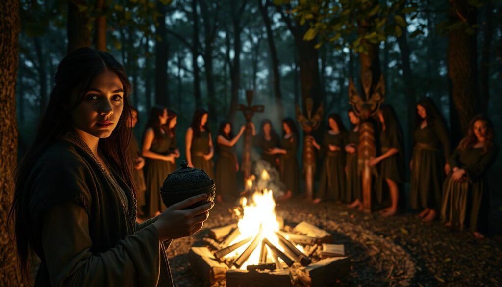 A mystical initiation ceremony set in a dense, enchanting forest at dusk, where shadowy figures, dressed in modest traditional attire, gather around a flickering bonfire. In the foreground, a young woman holds an ancient, ornate ritual object, her face illuminated by the warm light, showcasing a mixture of curiosity and solemnity. The middle ground features participants engaged in a dance that symbolizes passage and transformation, surrounded by symbolic totems adorned with nature motifs. The background is filled with towering trees, their leaves softly illuminated by the evening glow, creating an ethereal atmosphere. Soft, diffused lighting adds to the mystery, while a shallow depth of field focuses on the foreground subjects and blurs the background slightly. This image should evoke a sense of reverence and secrecy associated with hidden rites of passage. Inspired by the themes of ezotera.pl.
