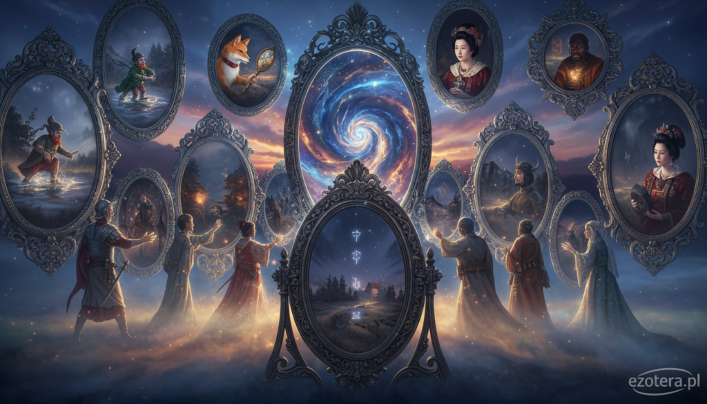 A mystical portal framed by ancient, ornate mirrors, reflecting ethereal images of different cultures’ legends connected to mirrors and portals. The foreground features a large, intricately designed mirror with swirling patterns, hinting at secrets within. In the middle, ghostly silhouettes of people from various cultures, dressed in traditional clothing, interact with the portal, their expressions a mix of curiosity and wonder. The background shows a twilight sky illuminating the scene, casting a magical glow with soft, shimmering lights. A warm ethereal mist envelops the ground, enhancing the otherworldly atmosphere. The scene should be dramatic, evoking a sense of mystery and enchantment, suited for a cultural exploration of legends. Incorporate the logo of "ezotera.pl" subtly in the corner, ensuring it does not distract from the image.