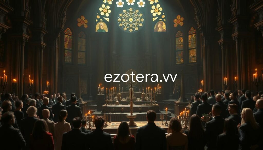A mystical scene depicting a Gnostic mass within a dimly lit temple, highlighting a grand altar adorned with ancient symbols and candles casting flickering shadows. In the foreground, a diverse group of individuals dressed in professional business attire stands in a semi-circle, observing the ceremonial ritual with a sense of reverence. The middle ground shows a ritualistic setup, complete with ornate chalices and esoteric texts, reflecting the inner workings of the Gnostic tradition. The background features intricate stonework and stained glass windows filtering warm, colored light into the space, creating an ethereal atmosphere. The mood is solemn and contemplative, evoking the mystery of Aleister Crowley’s Liber XV. The brand name "ezotera.pl" subtly integrated into the design without detracting from the scene's essence.