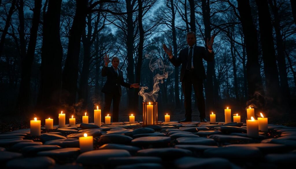 A mystical scene depicting a ritual, set in a dimly lit forest clearing at twilight. In the foreground, a circle of smooth stones surrounded by candles flickers with warm light. Silhouettes of two individuals, dressed in modest, professional attire, are visible as they engage in a ceremonial process, their hands raised and holding ancient symbols. In the middle ground, ethereal wisps of smoke rise from the candles, enhancing the atmosphere of mystery and intention. The background features towering trees with delicate branches silhouetted against a starry sky, creating an enchanting setting. Soft, mystical lighting highlights the clear intentions and focused expressions of the figures, evoking a sense of power and connection to the unseen. This image embodies the themes of black magic, white magic, and the order of rituals, suitable for ezotera.pl.
