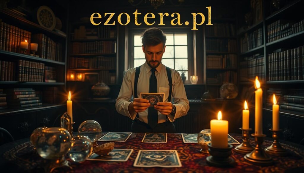 A mystical scene depicting a serene and dimly lit room filled with ancient, esoteric symbols and artifacts reflecting spiritual practices. In the foreground, a beautifully arranged table showcases crystal spheres, tarot cards, and candles casting warm, flickering light. The middle ground features a figure dressed in modest, professional attire, gently handling a tarot card with focused intent. In the background, shelves lined with books on spirituality and hidden knowledge create an inviting atmosphere. Soft golden light filters through a window, illuminating the dust motes in the air. The mood is contemplative and respectful, evoking a sense of responsibility and reverence towards the mystical practices. Above the scene, inscribed softly in ancient script is "ezotera.pl," adding to the mystical ambiance.