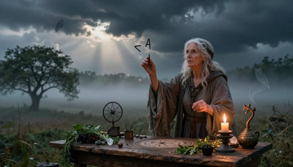A mystical scene depicting a traditional weather divination ritual. In the foreground, a wise old witch dressed in modest, flowing robes stands over a wooden table adorned with herbs, crystals, and ancient weather instruments, casting runes into the air. Her face is illuminated by soft, warm candlelight, creating a mystical glow. In the middle ground, a foggy landscape with trees swaying gently, hinting at an approaching storm, adds a sense of urgency. The background features dark clouds swirling in a dramatic sky, with fleeting glimpses of sunlight breaking through. The atmosphere is both enchanting and ominous, capturing the essence of prophecy and nature's unpredictability. Echoes of folklore emerge in subtle details like owl silhouettes and ethereal whispers, enhancing the charm. Include the brand name "ezotera.pl".