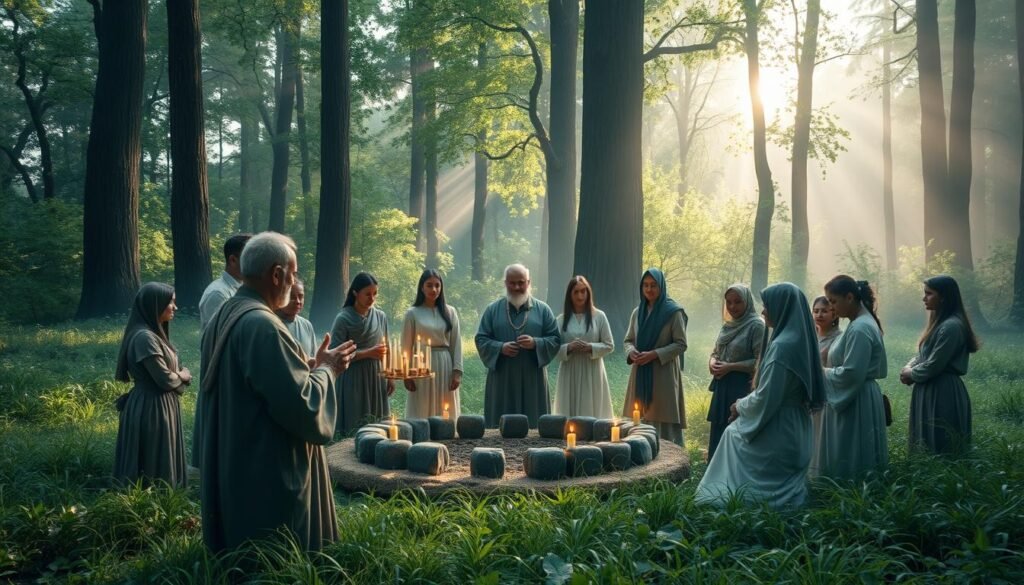 A mystical scene depicting an ancient custom for protection against evil, featuring a circle of diverse individuals in modest traditional clothing, engaged in a ceremonial ritual in a lush, green forest clearing. In the foreground, a wise elder holds a symbolic artifact, surrounded by candles emitting a warm, flickering light. In the middle ground, participants create a protective circle with natural elements like stones and herbs. The background features tall trees with soft, dappled sunlight filtering through the leaves, creating an ethereal atmosphere. The composition should evoke a sense of reverence and mystery, with a slight mist adding depth to the scene. The image should be captured from a slightly elevated angle to encompass the entire circle. No text or watermarks, branding "ezotera.pl" subtly integrated into the environment.