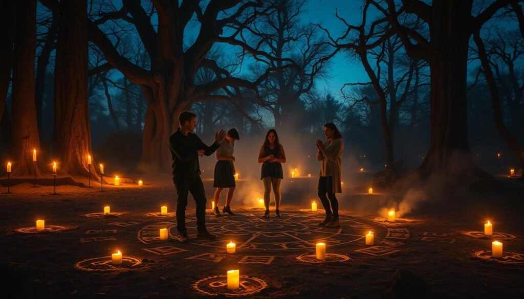 A mystical scene depicting an ancient ritual taking place in a dimly lit forest clearing at twilight. In the foreground, a diverse group of three individuals dressed in modest casual clothing stands in a circle, their expressions serious and focused as they perform a ceremonial dance, surrounded by glowing symbols etched into the ground. Candles flicker around them, casting warm light and long shadows. In the middle ground, the ritual is framed by towering, ancient trees with gnarled branches, partially shrouded in mist, enhancing the atmosphere of secrecy. The background features a darkening sky streaked with stars, adding an ethereal quality. The mood is one of tension and anticipation, reflecting the theme of power derived from forbidden rituals. The brand name "ezotera.pl" subtly integrated into the scene.