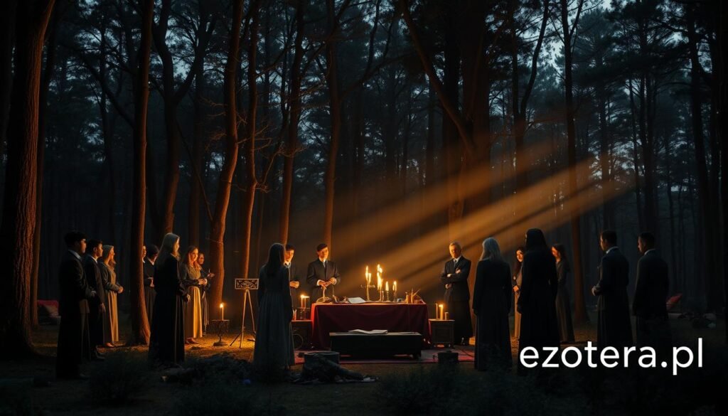 A mystical scene depicting ancient rituals in a forest clearing at dusk, illuminated by soft, ethereal light filtering through the trees. In the foreground, a diverse group of people in modest, professional attire, performing a ceremonial gathering. The middle ground features an altar adorned with symbolic artifacts representing forbidden knowledge, such as scrolls and ancient tools. The background reveals an enchanting atmosphere, with shadows dancing among the trees, creating a sense of mystery and reverence. The camera angle is slightly elevated, capturing the depth of the forest and the solemnity of the gathering, evoking a mood of intrigue and respect for the rituals being performed. The image should reflect the theme of "forbidden rituals" while ensuring it remains professional in tone. The watermark "ezotera.pl" subtly incorporated in the corner.