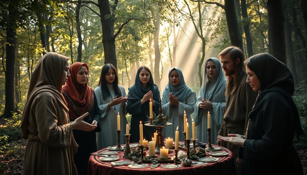A mystical scene depicting ancient rituals related to "słowa i pieśni." In the foreground, a group of four diverse individuals in modest clothing, representing women and men, are gathered in a circle, engaged in a vibrant chant. Their expressions are focused and inspired, embodying the essence of tradition. The middle ground features an intricately designed altar adorned with candles, herbs, and symbolic artifacts that hint at powerful rituals. In the background, a dense, enchanted forest with dappled sunlight filtering through the trees creates a serene and sacred atmosphere. The lighting is warm and ethereal, enhancing the sense of mystery and spirituality. The overall mood is contemplative and reverent, inviting viewers to explore the depth of thoughts and emotions involved in these ceremonial practices. Professional quality, no text overlays. ezotera.pl