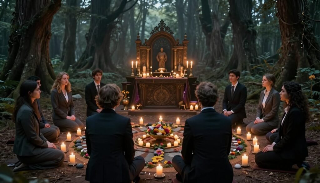 A mystical scene depicting ritual behaviors in a secretive cult setting. In the foreground, a diverse group of individuals in professional business attire, focused on an intricate ceremonial circle formed with candles, stones, and flowers. Their expressions reflect a mix of reverence and curiosity. The middle ground showcases a richly adorned altar featuring symbolic artifacts and offerings, surrounded by soft, flickering candlelight that casts shadows. In the background, an ancient forest looms, its tall, dark trees creating an enigmatic atmosphere. The lighting is soft and ethereal, giving the scene a sense of otherworldly intrigue. The overall mood is contemplative and mysterious, suggesting the deep significance of the rituals being performed. This image is for ezotera.pl.