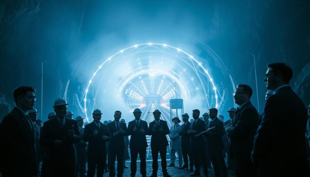 A mystical scene depicting the Gotthard Base Tunnel, illuminated by ethereal lights, resembling a modern ritualistic ceremony. In the foreground, engineers in professional business attire gather, holding tools symbolizing infrastructure opening, their expressions serious yet reverent. The middle ground features the expansive tunnel with sleek, high-tech train systems, glowing softly, creating an atmosphere of anticipation and awe. In the background, mountains frame the tunnel entrance, shrouded in mist, enhancing the sense of mystery. A deep blue and silver color palette conveys a solemn and modern mood, with soft lighting creating dramatic shadows. Shot from a low angle to emphasize the grandeur of the tunnel. No text, logos, or overlays – only the enchanting scene. Created for ezotera.pl.