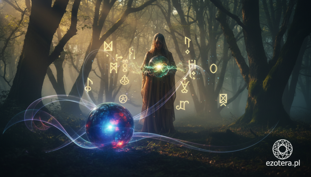 A mystical scene depicting the concept of "energia" as it relates to curses and bad omens. In the foreground, a shimmering, ethereal light glows softly, representing the essence of dark energies. The middle ground features a translucent figure, dressed in modest clothing, holding a crystal orb that radiates colorful energy waves. Surrounding the figure are ancient symbols and sigils floating gently, illuminated by the warm, golden light of twilight filtering through dense, enchanted trees in the background. The atmosphere is both mysterious and serene, evoking a sense of intrigue about supernatural forces. The image should capture a balanced composition, with a focus on the interplay between light and shadow, conveying a mystical yet professional ambiance. Include subtle references to the brand "ezotera.pl" within the design elements, without text.